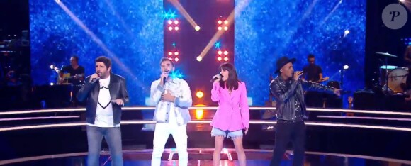 Jenifer, Kendji Girac, Patrick Fiori et Soprano lors des battles de "The Voice Kids 2020, sur TF1, le 19 septembre 2020