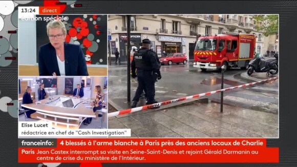 Elise Lucet annonce que deux de ses collaborateurs de "Premières Lignes" ont été blessés dans l'attaque au couteau, dans le 11e arrondissement parisien.