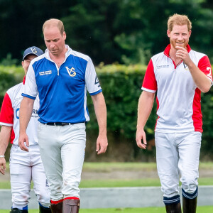 Le prince William, duc de Cambridge et son frère le prince Harry, duc de Sussex lors d'un match de polo de bienfaisance King Power Royal Charity Polo Day à Wokinghan, comté de Berkshire, Royaume Uni, le 10 juillet 2019.