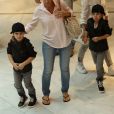 Exclusif - Nelson et Eddy Angélil, les jumeaux de Céline Dion se rendent dans le magasin de jouets "la grande Récré" au centre commercial de Rosny 2 avec leurs trois nounous, leurs deux gardes du corps et leur chauffeur à Rosny-sous-Bois le 27 juin 2016.   