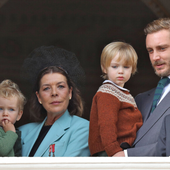 La princesse Caroline de Hanovre, Pierre Casiraghi et ses fils Francesco et Stefano, Sylvestre de Massy - La famille princière de Monaco au balcon du palais lors de la Fête nationale monégasque à Monaco. Le 19 novembre 2019 © Dominique Jacovides / Bestimage