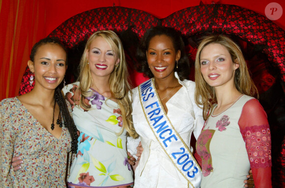 Sonia Rolland (Miss France 2000), Elodie Gossuin (Miss France 2001), Corinne Coman (Miss France 2003) et Sylvie Tellier (Miss France 2002) à Paris en 2003.