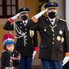 Le prince Jacques de Monaco, marquis des Baux, le prince Albert II de Monaco - La famille princière assiste à une cérémonie de remise de médaille dans la cours du Palais de Monaco lors de la Fête Nationale 2020 de la principauté de Monaco, novembre 2020. © David Nivière / Pool / Bestimage