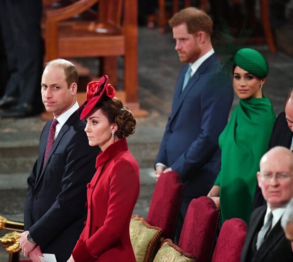 Le prince William, duc de Cambridge, et Catherine (Kate) Middleton, duchesse de Cambridge, Le prince Harry, duc de Sussex, Meghan Markle, duchesse de Sussex - La famille royale d'Angleterre lors de la cérémonie du Commonwealth en l'abbaye de Westminster à Londres, 2020.