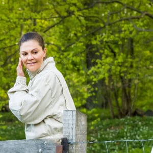 La princesse Victoria de Suède, le prince Oscar et la princesse Estelle visitent un enclos de moutons et les caressent au château de Haga à Solna le 18 mai 2020.