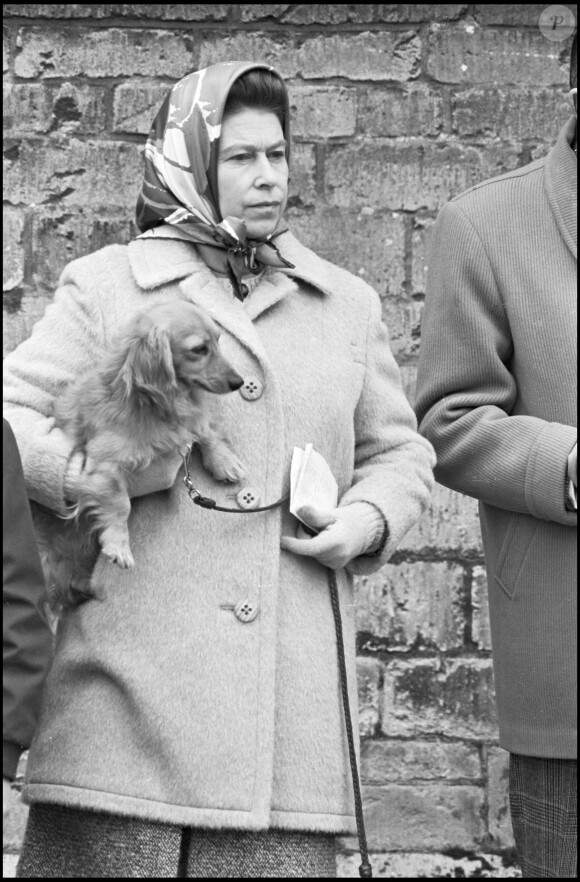 Elizabeth II et son chien à Badminton en 1976.