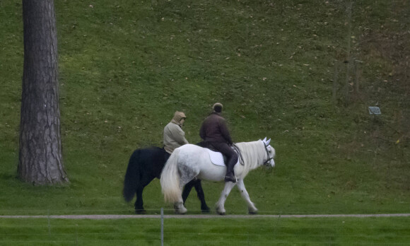 La reine Elizabeth II d'Angleterre et son majordome Terry Pendry font une promenade à cheval dans le parc du château de Windsor le 19 novembre 2020.