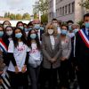 Jean-Michel Blanquer, ministre de l'Education, Richard Delepierre, maire Le Chesnay-Rocquencourt-Rocquencourt - Brigitte Macron fait une dictée aux écoliers en soutien à l'Association Européenne de Leucodystrophie (ELA), au collège Charles-Peguy, Chesnay-Rocquencourt le 12 octobre 2020. © Thomas Coex / Pool / Bestimage