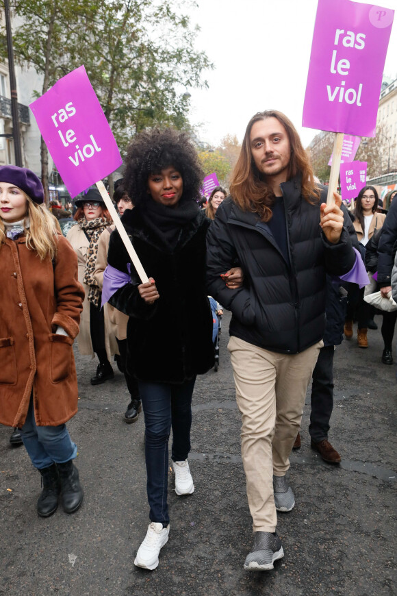 Inna Modja et son compagnon Marco Conti Sikic lors de la manifestation organisée contre les violences faites aux femmes dans le quartier de l'Opéra à Paris, le 24 novembre 2018. © CVS/Bestimage