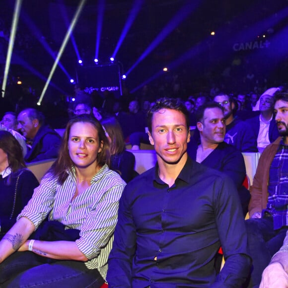 Laure Manaudou, Frédérick Bousquet (ex compagnon de laure Manaudou, ils sont parents d'une petite Manon née en 2010), Jérémy Frérot, son compagnon (en arrière plan, barbu) et son frère à droite, Florent Manaudou lors du gala de boxe organisé par Univent Production au Palais des Sports de Marseille le 24 mars 2018. © Bruno Bebert/Bestimage