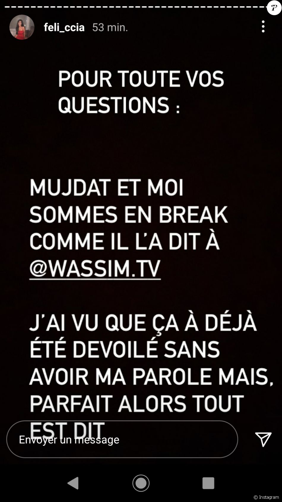 Feliccia des "Princes" parle de sa relation avec Mujdat en story Instagram