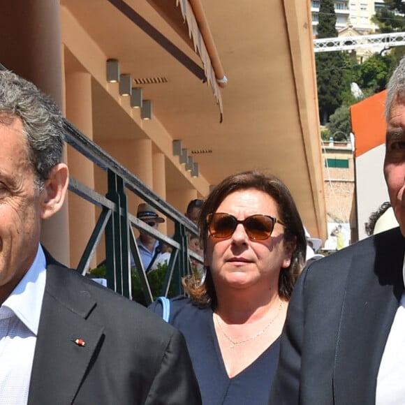 Nicolas Sarkozy, Thierry Herzog, son avocat, et sa femme, Cécile, au Monte Carlo Country Club lors du Rolex Monte-Carlo Masters 2018 à Roquebrune Cap Martin, France, le 21 avril 2018. © Bruno Bébert/Bestimage