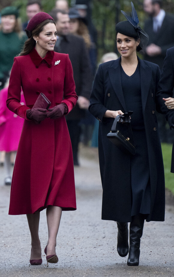 Kate Middleton, la duchesse de Cambridge et Meghan Markle, la duchesse de Sussex enceinte - La famille royale britannique se rend à la messe de Noël à l'église Sainte-Marie-Madeleine à Sandringham, le 25 décembre 2018.