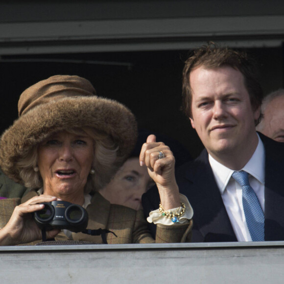 Camilla Parker Bowles et son fils Tom Parker Bowles - Des membres de la famille royale asssitent à une course hippique à Cheltenham le 14 mars 2014.