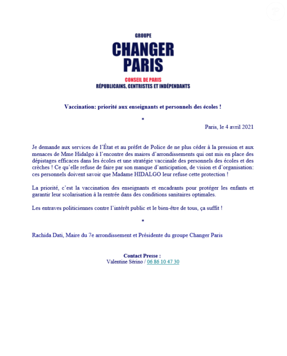 Rachida Dati, présidente du groupe "Changer Paris", s'en prend à Anne Hidalgo via un communiqué.