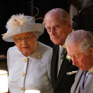 La reine Elisabeth II d'Angleterre, le prince Philip, duc d'Edimbourg, le prince Charles, prince de Galles - Cérémonie de mariage de la princesse Eugenie d'York et Jack Brooksbank en la chapelle Saint-George au château de Windsor le 12 octobre 2018.