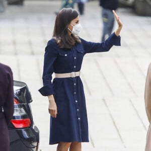 La reine Letizia d'Espagne assiste à la présentation du rapport "Groupe de travail sur le rôle des femmes dans l'internationalisation de l'économie espagnole", au Ministère de l'industrie, du commerce et du tourisme. Madrid, le 16 avril 2021.