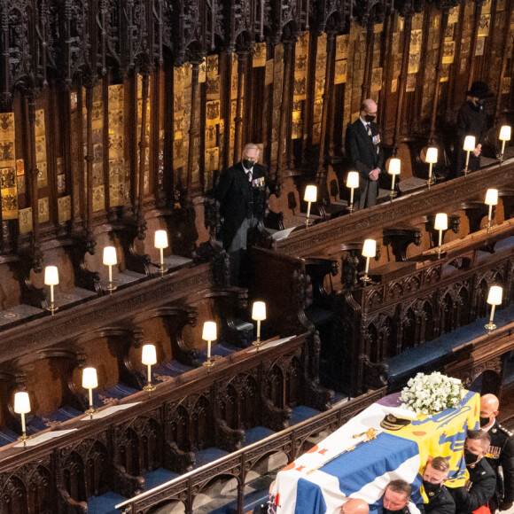 Le prince Charles, prince de Galles, la princesse Anne, le prince Andrew, duc d'York, le prince William, duc de Cambridge, David Armstrong-Jones, comte de Snowdon, Peter Phillips, la princesse Anne, le prince Edward, comte de Wessex, le prince Harry, duc de Sussex, Sir Timothy Laurence - Funérailles du prince Philip, duc d'Edimbourg à la chapelle Saint-Georges du château de Windsor, Royaume Uni, le 17 avril 2021.