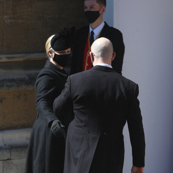 Zara Phillips (Zara Tindall) et son mari Mike Tindall - Arrivées aux funérailles du prince Philip, duc d'Edimbourg à la chapelle Saint-Georges du château de Windsor, le 17 avril 2021.
