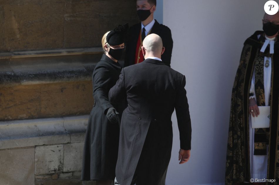Zara Phillips (Zara Tindall) et son mari Mike Tindall - Arrivées aux funérailles du prince Philip, duc d'Edimbourg à la chapelle Saint-Georges du château de Windsor, le 17 avril 2021.