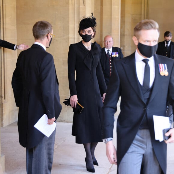 Kate Middleton aux funérailles du prince Philip, duc d'Edimbourg à la chapelle Saint-Georges du château de Windsor, le 17 avril 2021.