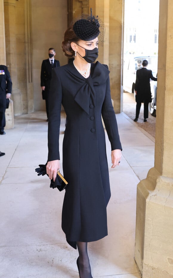 Kate Middleton aux funérailles du prince Philip, duc d'Edimbourg à la chapelle Saint-Georges du château de Windsor, le 17 avril 2021.