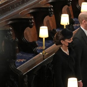 Le prince William, duc de Cambridge, et Catherine (Kate) Middleton, duchesse de Cambridge, Le prince Edward, comte de Wessex,James Mountbatten-Windsor, Sophie Rhys-Jones, comtesse de Wessex, et Louise Mountbatten-Windsor (Lady Louise Windsor), Le prince Charles, prince de Galles, et Camilla Parker Bowles, duchesse de Cornouailles - Funérailles du prince Philip, duc d'Edimbourg à la chapelle Saint-Georges du château de Windsor, Royaume Uni, le 17 avril 2021.