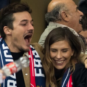 Camille Cerf (Miss France 2015) et son compagnon Cyrille dans les tribunes lors du match de qualification pour l'Euro2020 "France - Turquie (1-1)" au Stade de France. Saint-Denis, le 14 octobre 2019. © Cyril Moreau/Bestimage