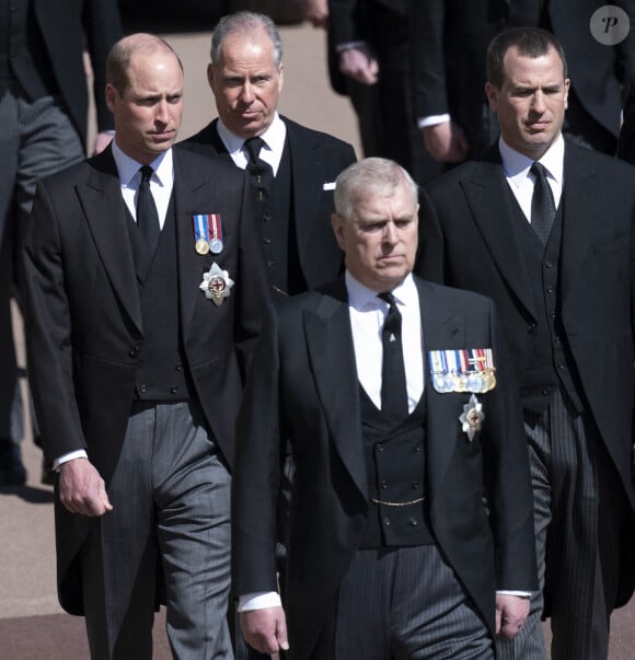 Le prince Andrew, duc d'York, le prince William, duc de Cambridge, Peter Phillips, le prince Harry, duc de Sussex, David Armstrong-Jones, comte de Snowdon - Arrivées aux funérailles du prince Philip, duc d'Edimbourg à la chapelle Saint-Georges du château de Windsor, le 17 avril 2021.