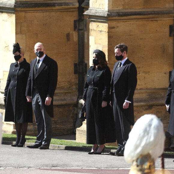 Zara Phillips (Zara Tindall), Mike Tindall, La princesse Eugenie d'York, Jack Brooksbank, La princesse Beatrice d'York et Edoardo Mapelli Mozzi - Arrivées aux funérailles du prince Philip, duc d'Edimbourg à la chapelle Saint-Georges du château de Windsor, le 17 avril 2021.