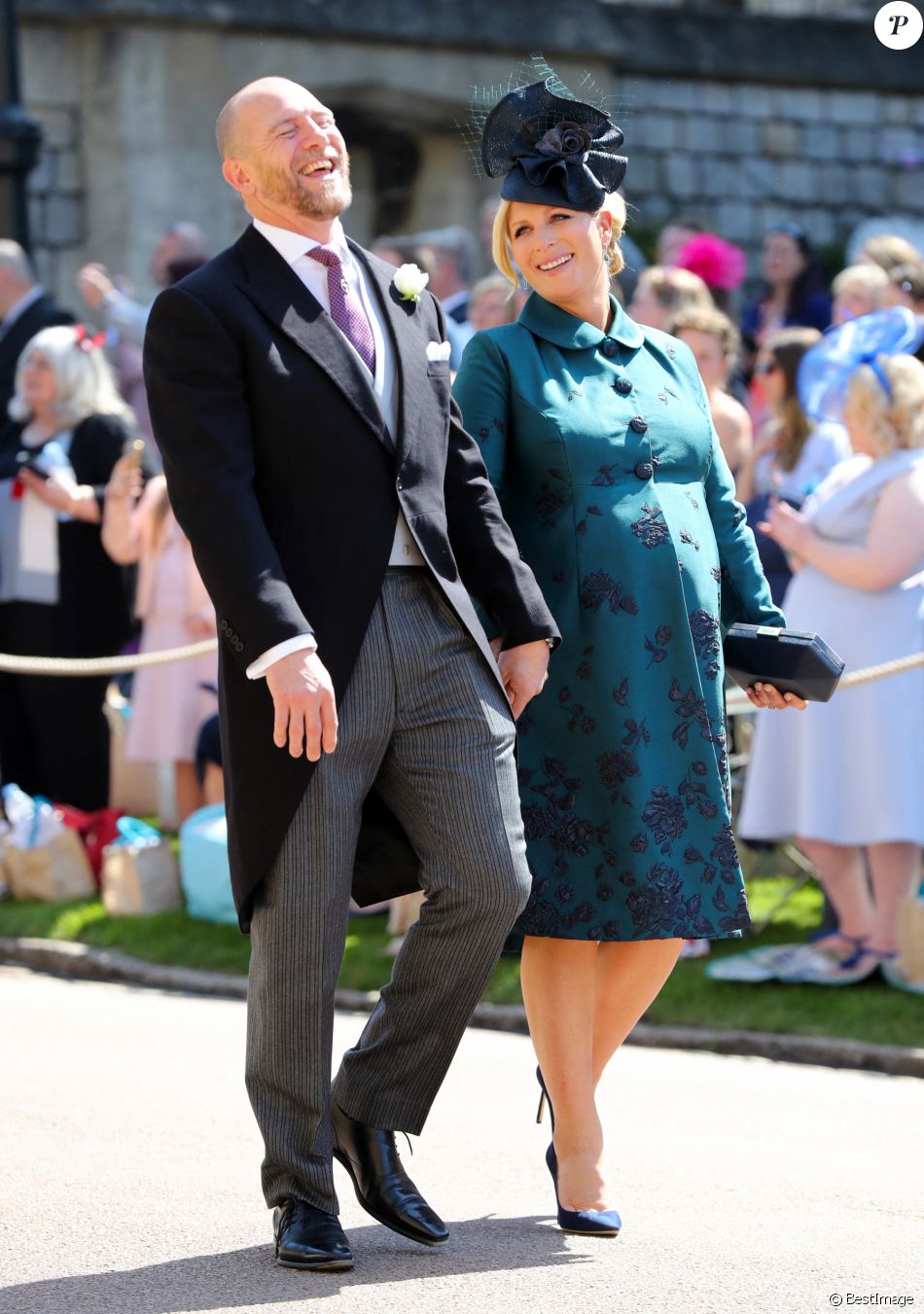 Mike Tindall et sa femme Zara Phillips Tindall (enceinte) - Les invités arrivent à la chapelle St. George pour le mariage du prince Harry et de Meghan Markle au château de Windsor, Royaume Uni, le 19 mai 2018.