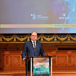 Le prince Albert II de Monaco ouvre la 12ème édition de la journée "Monaco Blue Initiative" au musée océanographique de Monaco le 22 mars 2021. Cette opération s'inscrit dans le cadre de la Monaco Ocean Week qui va se dérouler toute la semaine en Principauté. © Bruno Bebert / Bestimage