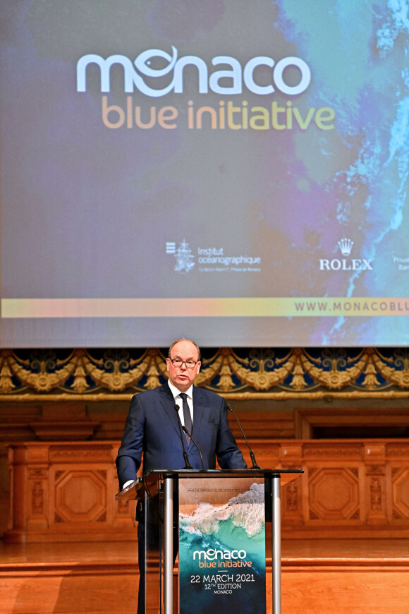 Le prince Albert II de Monaco ouvre la 12ème édition de la journée "Monaco Blue Initiative" au musée océanographique de Monaco le 22 mars 2021. Cette opération s'inscrit dans le cadre de la Monaco Ocean Week qui va se dérouler toute la semaine en Principauté. © Bruno Bebert / Bestimage
