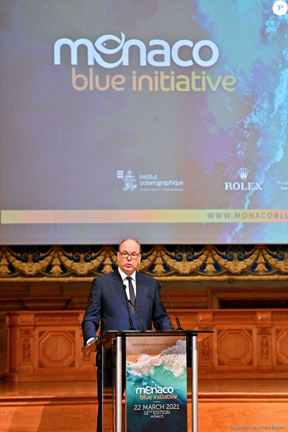 Le prince Albert II de Monaco ouvre la 12ème édition de la journée "Monaco Blue Initiative" au musée océanographique de Monaco le 22 mars 2021. Cette opération s'inscrit dans le cadre de la Monaco Ocean Week qui va se dérouler toute la semaine en Principauté. © Bruno Bebert / Bestimage
