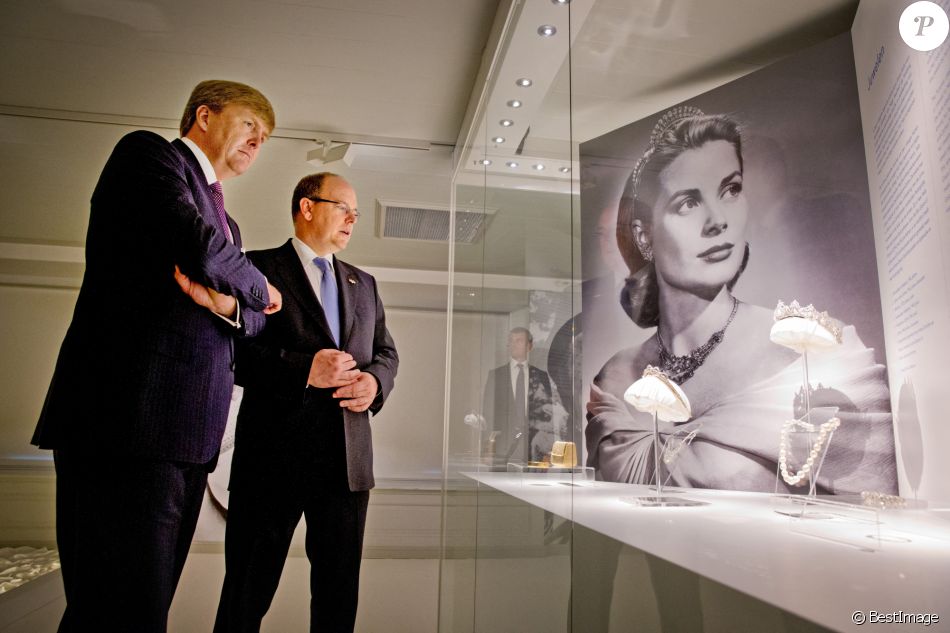 Le prince Albert II de Monaco et le roi Willem-Alexander à l'inauguration de l'exposition "Grace Kelly" à Apeldoorn aux Pays-Bas, 2014.