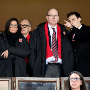 Camille Gottlieb, la princesse Stéphanie de Monaco, le prince Albert II de Monaco et Louis Ducruet dans les tribunes lors du match de Ligue 1 opposant l'AS Monaco au Paris Saint-Germain, au stade Louis-II, à Monaco. Match au profit de Fight Aids Monaco. © Bruno Bebert/Bestimage