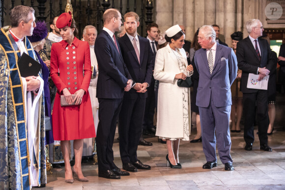 Catherine Kate Middleton, duchesse de Cambridge, le prince William, duc de Cambridge, le prince Harry, duc de Sussex, Meghan Markle, enceinte, duchesse de Sussex, le prince Charles, prince de Galles lors de la messe en l'honneur de la journée du Commonwealth à l'abbaye de Westminster à Londres le 11 mars 2019.