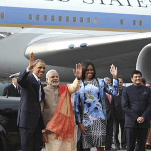 Barack et Michelle Obama et Narendra Modi (premier ministre indien) - Barack Obama arrive en Inde pour une viste d'état le 25 janvier 2015