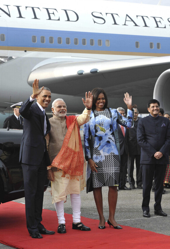 Barack et Michelle Obama et Narendra Modi (premier ministre indien) - Barack Obama arrive en Inde pour une viste d'état le 25 janvier 2015