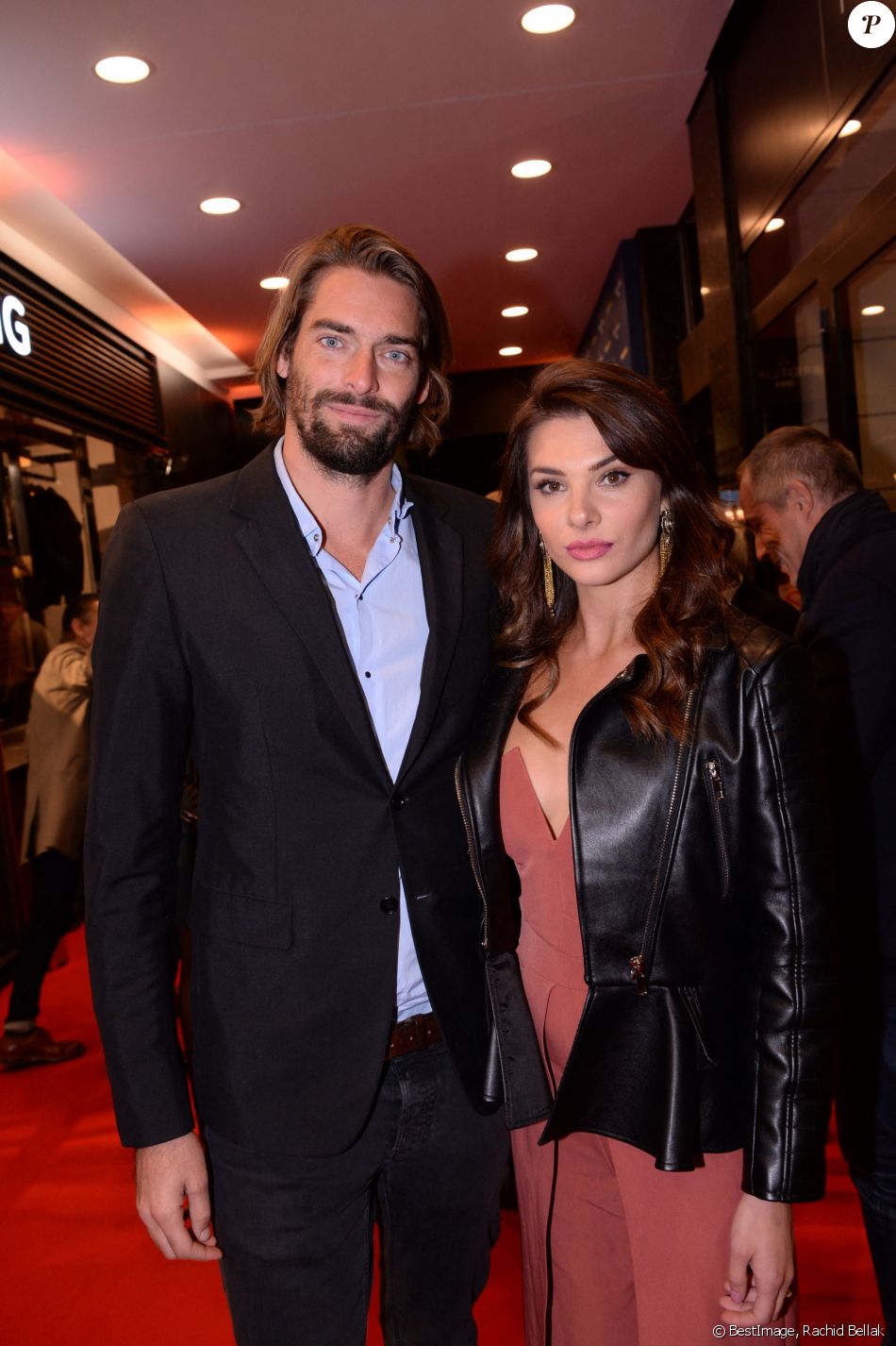 Camille Lacourt et sa compagne Alice Detollenaere (Miss Bourgogne 2010) lors de la soirée de réouverture de la boutique "Breitling", située rue de la Paix. Paris, le 3 octobre 2019. © Rachid Bellak/Bestimage