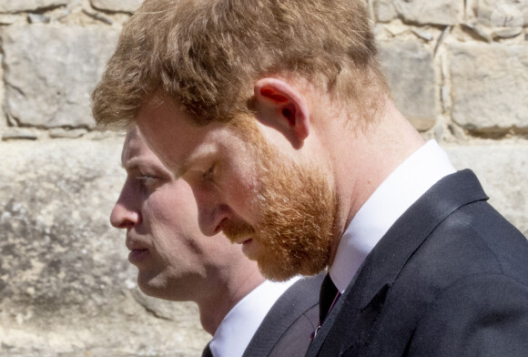 Le prince Harry, duc de Sussex, le prince William, duc de Cambridge - Arrivées aux funérailles du prince Philip, duc d'Edimbourg à la chapelle Saint-Georges du château de Windsor, le 17 avril 2021. 