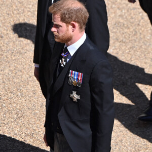 Le prince Harry, duc de Sussex - Arrivées aux funérailles du prince Philip, duc d'Edimbourg à la chapelle Saint-Georges du château de Windsor, le 17 avril 2021. 