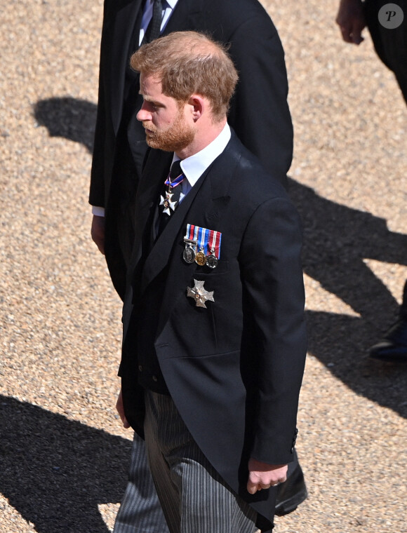 Le prince Harry, duc de Sussex - Arrivées aux funérailles du prince Philip, duc d'Edimbourg à la chapelle Saint-Georges du château de Windsor, le 17 avril 2021. 