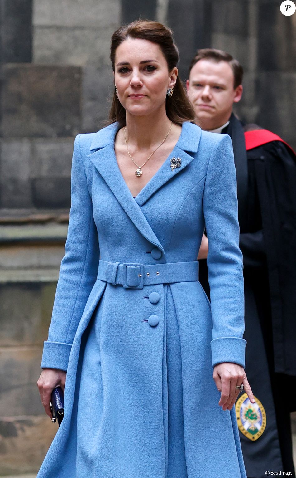 Catherine (Kate) Middleton, duchesse de Cambridge, arrive pour la cérémonie de clôture de l'Assemblée générale de l'Église d'Écosse, à la salle de l'Assemblée à Édimbourg, Ecosse, Royaume Uni, le 27 mai 2021.