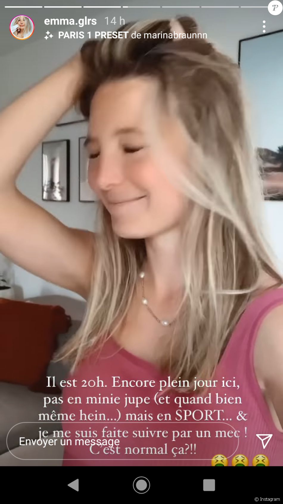 Emma de "Mariés au premier regard" suivie par un homme lors d'une séance de sport, elle raconte en story Instagram le 27 mai 2021