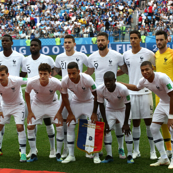 Paul Pogba, Samuel Umtiti, Lucas Hernández, Olivier Giroud, Raphaël Varane, Hugo Lloris, Antoine Griezmann, Benjamin Pavard, Corentin Tolisso, N'Golo Kanté et Kylian Mbappé lors des quarts de finale de la Coupe du monde opposant la France à l'Uruguay au stade de Nijni Novgorod à Nijni Novgorod. Le 6 juillet 2018. © Cyril Moreau/Bestimage