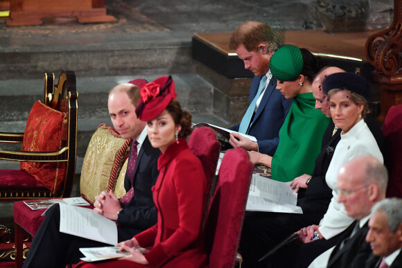 Le prince William, duc de Cambridge, et Kate Catherine Middleton, duchesse de Cambridge, le prince Harry, duc de Sussex, Meghan Markle, duchesse de Sussex et la comtesse Sophie de Wessex - La famille royale d'Angleterre lors de la cérémonie du Commonwealth en l'abbaye de Westminster à Londres. Le 9 mars 2020
