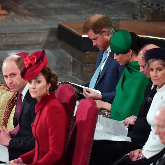 Le prince William, duc de Cambridge, et Kate Catherine Middleton, duchesse de Cambridge, le prince Harry, duc de Sussex, Meghan Markle, duchesse de Sussex et la comtesse Sophie de Wessex - La famille royale d'Angleterre lors de la cérémonie du Commonwealth en l'abbaye de Westminster à Londres. Le 9 mars 2020