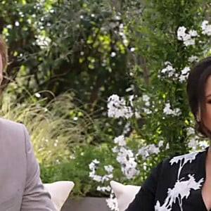 Le prince Harry et Meghan Markle (enceinte) lors de leur interview vérité avec Oprah Winfrey, mars 2021.