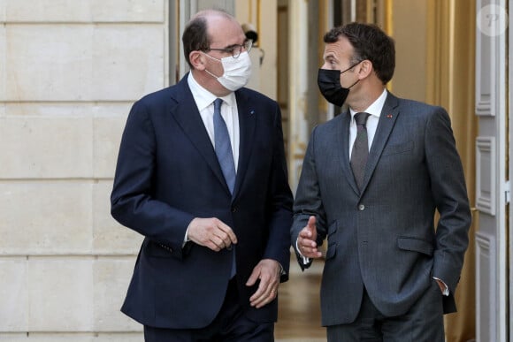 Le président de la République, Emmanuel Macron et Jean Castex, premier ministre arrivent au conseil des ministres du 9 juin 2021, au palais de l'Elysée à Paris. © Stéphane Lemouton / Bestimage 